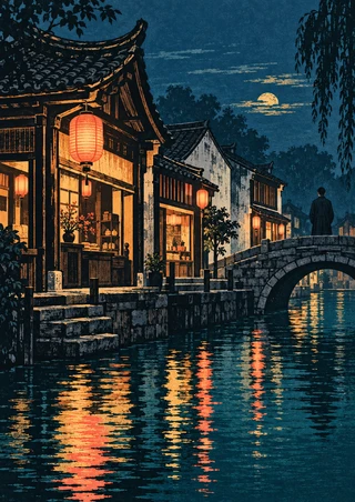 Traditional lantern-lit shopfronts along a canal, with a lone figure on a stone bridge and colorful reflections in the water.
