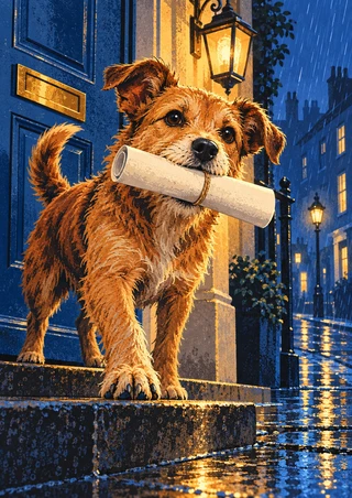Shaggy tawny dog holding a rolled blank parcel at a blue doorway, with a brass mail slot, glowing porch lantern, wet steps, and reflective street.