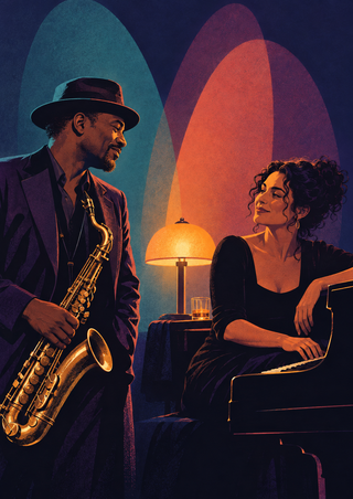 A saxophonist in a dark hat and suit faces a woman pianist at a keyboard, with an amber lamp between them and colorful shapes behind.