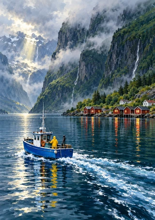 Blue fishing boat carrying a figure in a yellow raincoat across a fjord, leaving a foamy wake below misty forested cliffs and red boathouses.