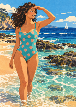 A woman with wind-swept dark curls shades her eyes while looking toward a distant white sail, standing in surf in a turquoise shell-patterned swimsuit.