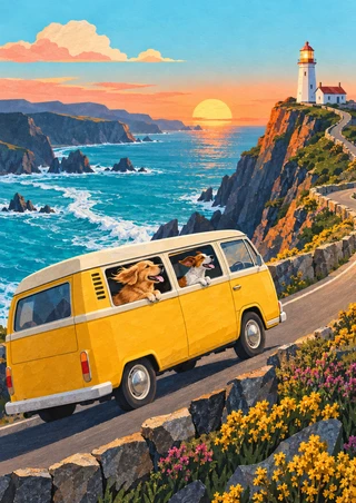 Yellow camper van with two dogs on a coastal road below a lighthouse at sunset, with turquoise sea and flowered cliffs.