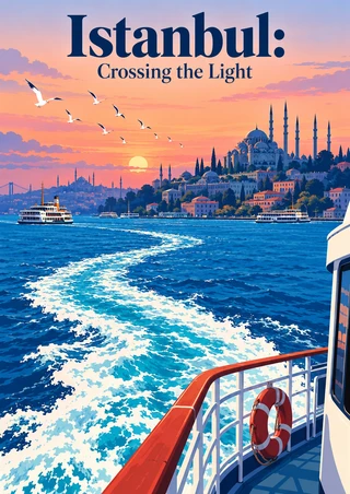 Travel poster reading “Istanbul: Crossing the Light,” showing ferries and a sweeping wake on blue water before Istanbul’s domed skyline at sunset.