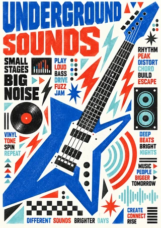 Angular blue-and-white electric guitar with “UNDERGROUND SOUNDS” lettering, lightning bolts, stars, record and speaker graphics.