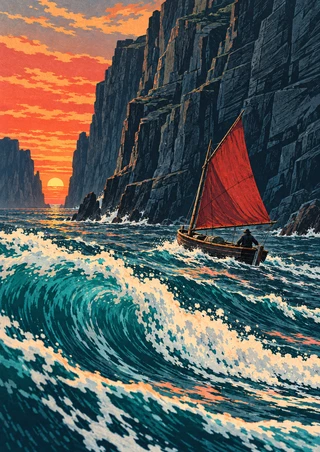 Red-sailed fishing skiff with a small sailor in a turquoise breaking wave beside a dark coastal cliff at sunset.