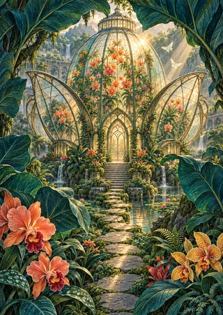 A glowing domed glass conservatory surrounded by oversized green leaves, coral flowers, a stone path, reflective water and two pale flying forms.