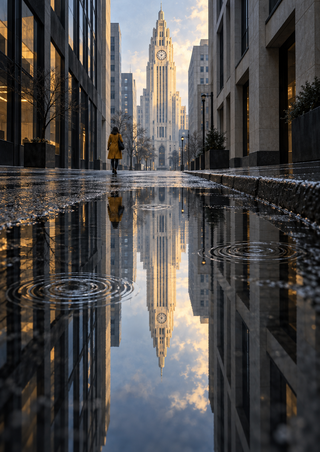 A distant ornate clock tower rises between modern buildings above a rain-wet street reflecting the tower, with a small figure in a mustard coat.