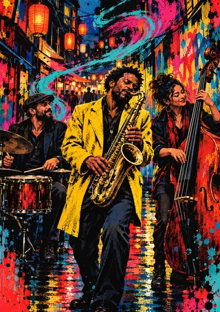 Three street musicians perform in a lantern-lit passage: a yellow-coated saxophonist at center, drummer at left and upright bassist at right.