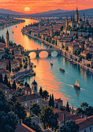 Dense riverside city at sunset with a reflective river, arched bridge, small boats, spired buildings, and distant hills.