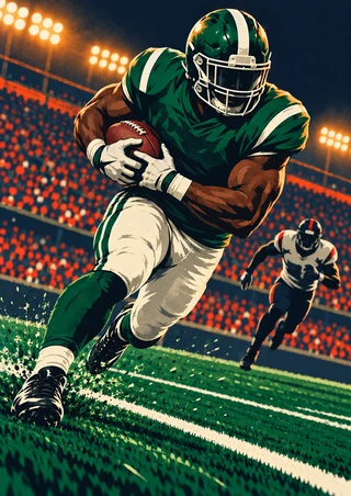 A helmeted American football player in a green-and-cream uniform runs left with the ball as a defender follows under stadium lights.