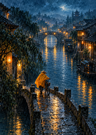 Small cyclist in a saffron rain cape pushing a bicycle across a wet stone canal bridge at night, with glowing lantern reflections and waterside buildings.