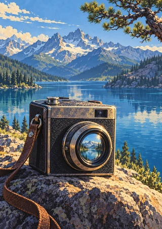 A vintage-style box camera rests on a sunlit foreground rock beside a blue mountain lake, with alpine peaks and a pine branch behind it.