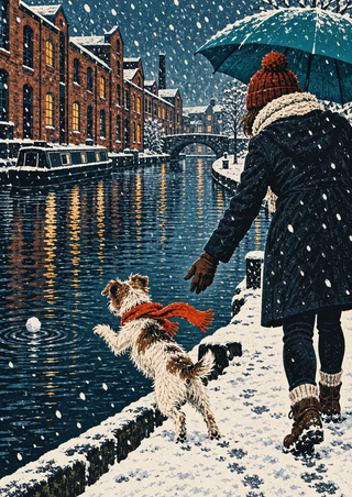 Scarfed terrier leaping toward a snowball by a snowy canal as a bundled adult reaches from beneath a teal umbrella.