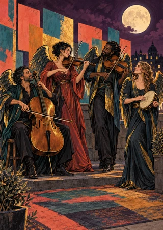 Four winged musicians play cello, bowed strings, and hand drum on patterned rooftop steps beneath a full moon and colorful block-like shapes.