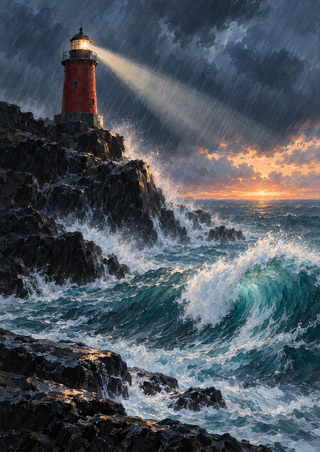 Red lighthouse on dark coastal rocks casting a pale beam above a large turquoise breaking wave beneath storm clouds and a peach horizon.