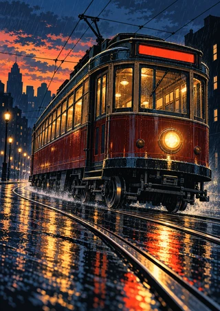 Red electric streetcar rounding wet reflective tracks at dusk beneath trolley wires, with an amber headlamp and dark city buildings.