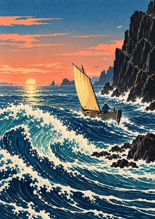 Ochre-sailed wooden fishing boat riding choppy blue water beside a dark rocky headland under a coral dawn sky.