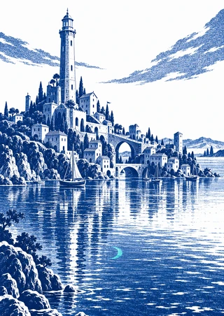 Blue-and-white print of an imaginary harbor city with a slender lighthouse-like tower, arched bridges, boats, reflections, and a turquoise crescent in the water.