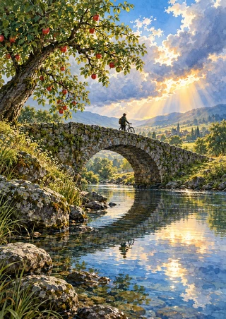 A tiny cyclist on a stone arch bridge above a reflective stream, beneath an apple tree as sunlight breaks over a distant valley.