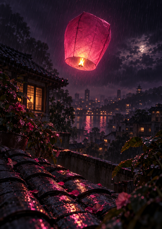 Glowing magenta paper lantern above rain-wet curved roof tiles, with garden foliage, distant buildings, and reflected city lights.