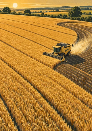 Golden combine harvester cutting a curved track through ripe grain, with dark stubble and chaff behind it beneath a tree-lined horizon.