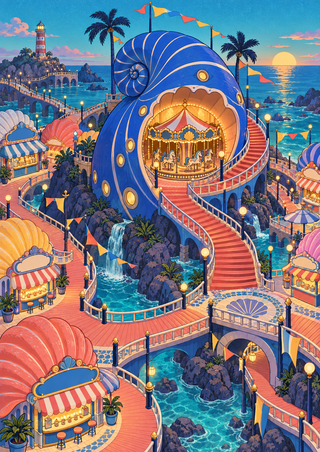 Whimsical seaside funfair with a cobalt-blue nautilus pavilion enclosing a lit carousel, curling coral-red stairs, shell stalls, waterways, lighthouse, and sunset.