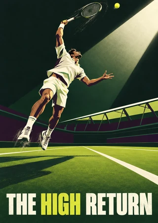 Geometric tennis poster showing an airborne player swinging a racket toward a yellow ball beneath a stadium light, with The High Return title at the bottom.