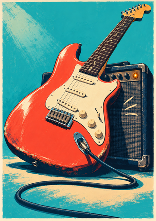 Red electric guitar with a cream pickguard resting in front of a dark amplifier, with an amber light and a cable loop against turquoise.
