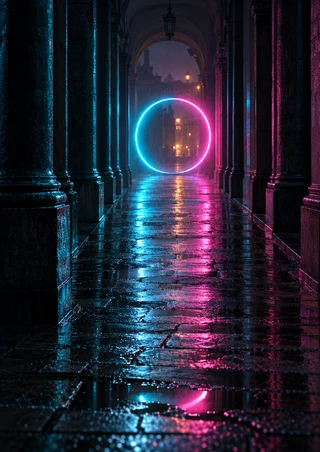 A glowing cyan-and-magenta ring at the end of a dark stone arcade, reflected across wet paving.