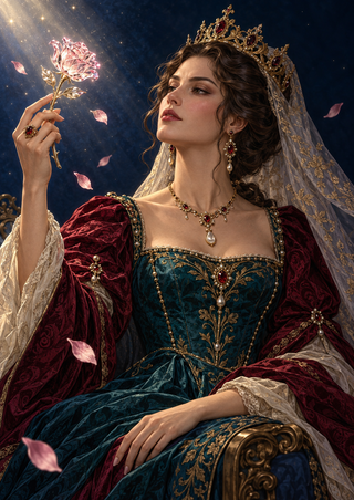 Crowned woman in an ornate gown and veil holds a luminous glass-like rose toward a diagonal beam of light as pale petals float nearby.