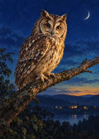Tufted owl with amber eyes on a diagonal branch at dusk, with a crescent moon, distant hills, and warm lights.