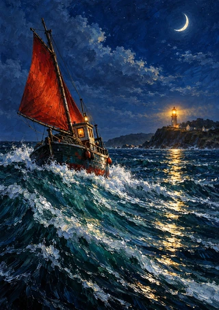 Red-sailed boat crossing foaming dark waves at night, with a crescent moon, distant illuminated headland, and golden reflection.