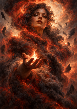 A woman’s face and shoulders emerge from red and charcoal smoke as a large hand reaches forward above a bright ember-like glow.
