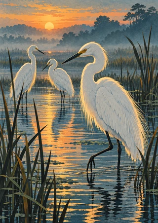 Three white egrets wade in a blue-green marsh at dawn, with reeds, reflective water, and a low apricot-gold sun.