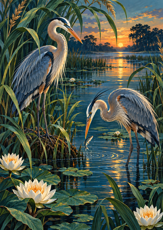 Two herons among reeds and water lilies at sunset, with one upright bird and another bending toward a small fish above the water.