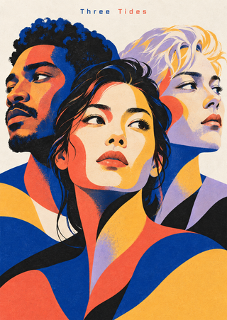 Colorful portrait of three overlapping adult faces looking in different directions, with angular shapes and the title Three Tides on a pale background.