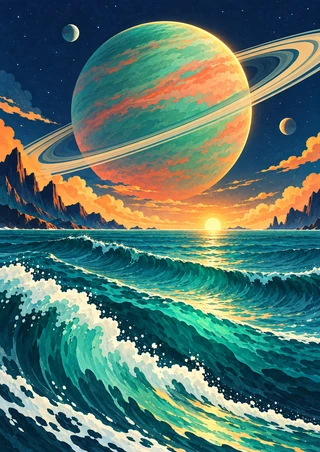 A giant ringed planet and two small moons above layered ocean waves, rocky coasts, and a bright sunset horizon.