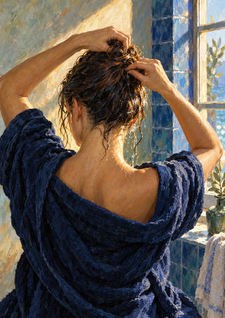 Back view of a woman gathering wet dark hair into a bun in an indigo robe beside a sunlit window.