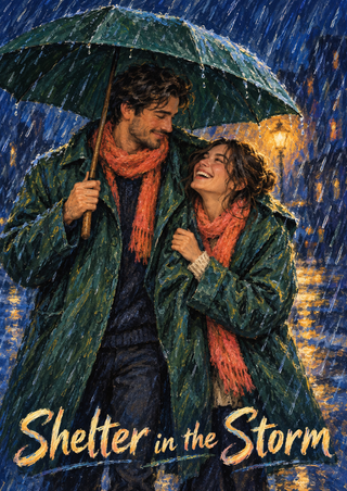 Two people in green outerwear and coral scarves share a large umbrella in heavy rain beneath the cursive title “Shelter in the Storm.”