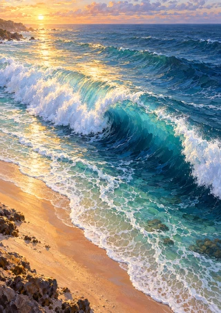 Turquoise wave curling into white foam beside a sandy, rocky shore in warm sunrise light.