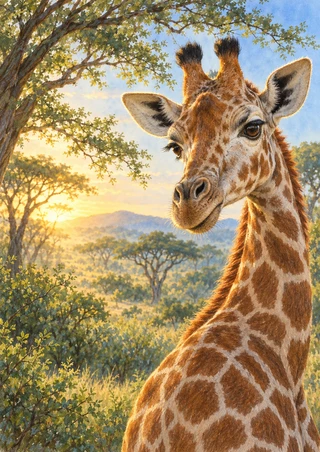 Close portrait of a giraffe facing forward in a golden acacia landscape with trees and distant hills.