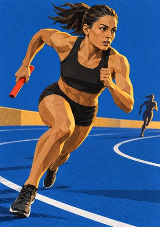 Woman sprinter carrying a vermilion baton around a cobalt track, with a smaller runner in the distance.