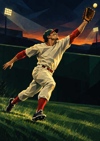 Baseball outfielder in a light uniform with red sleeves reaching overhead with a gloved hand toward a golden ball in a faceted dusk stadium.
