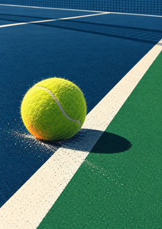 Bright yellow-green tennis ball overlapping a diagonal white sideline on a blue-green hard court, with a short shadow and scattered specks.