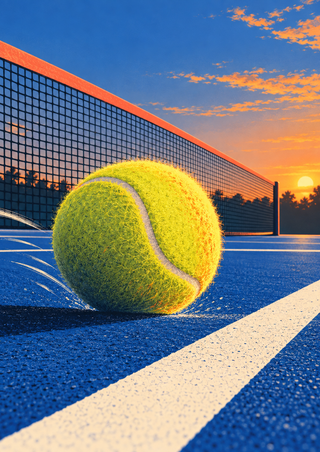 Large fuzzy yellow-green tennis ball on a blue court, with a diagonal white line, coral-taped net, and low sunset.
