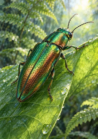 Iridescent green-and-copper beetle standing diagonally on a glossy rain-dotted leaf.