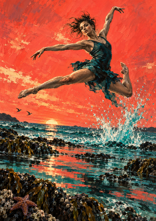 Adult dancer in a teal costume leaping above a rocky tidal pool under a coral-red sky.