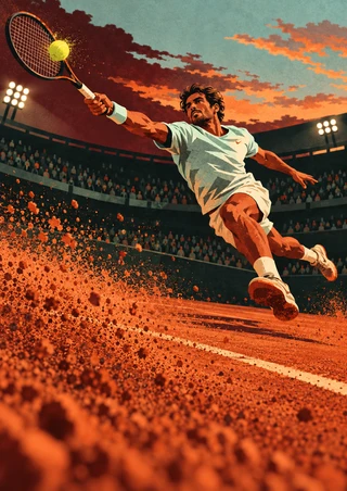 Airborne tennis player reaching toward a yellow ball over a clay court, with clay spraying toward the foreground and stadium lights behind.