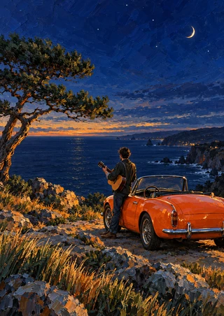 Figure holding an acoustic guitar beside an orange convertible at a rocky coastal overlook at dusk.