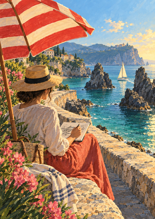 A seated adult sketching beneath a red-and-cream striped parasol beside a turquoise cove, rocky sea stacks, and a small sailboat.